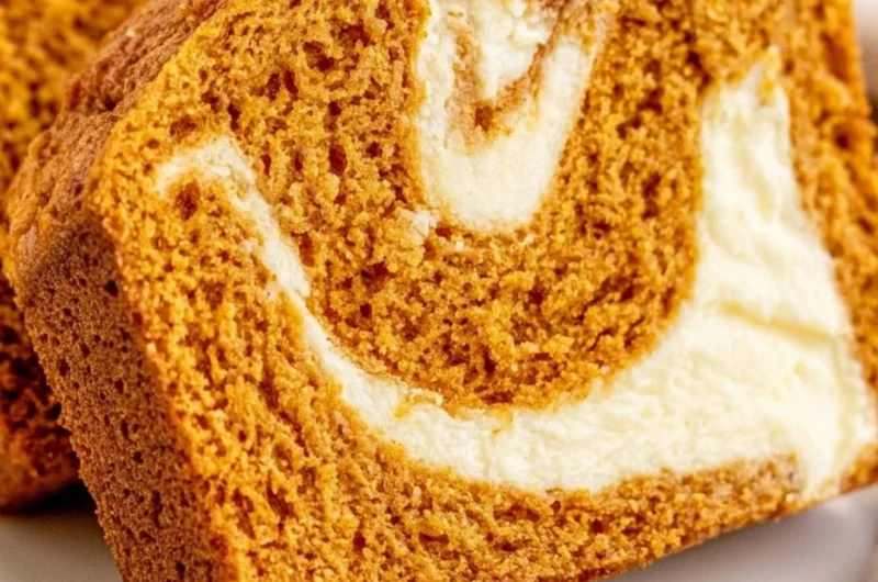 Slice of pumpkin bread with cream cheese frosting on a plate