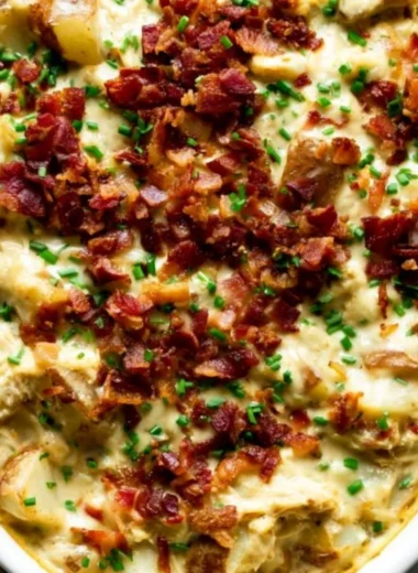 Savory creamy chicken potato casserole in a baking dish ready to serve.