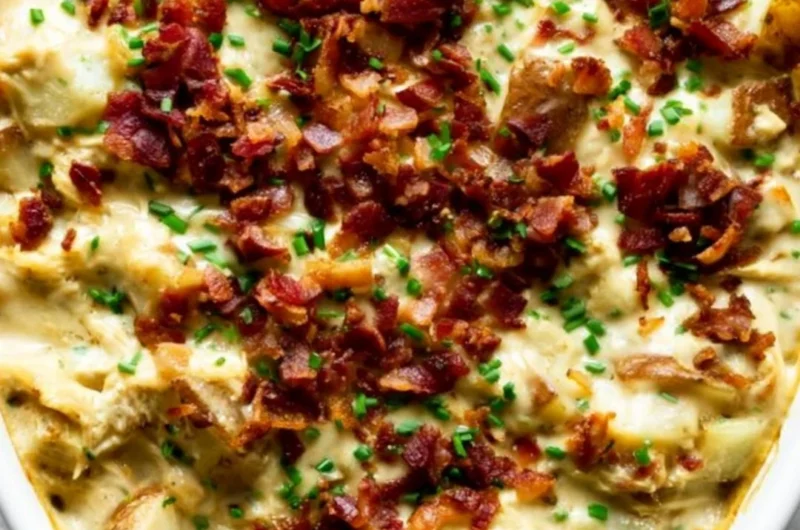 Savory creamy chicken potato casserole in a baking dish ready to serve.