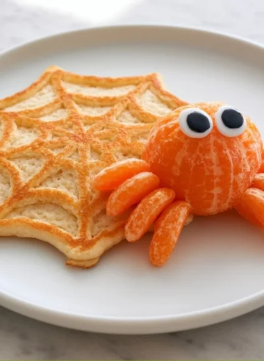 Spiderweb Pancakes decorated with a spiderweb pattern for a festive breakfast