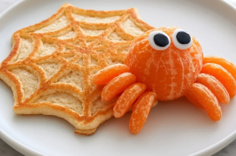 Spiderweb Pancakes decorated with a spiderweb pattern for a festive breakfast