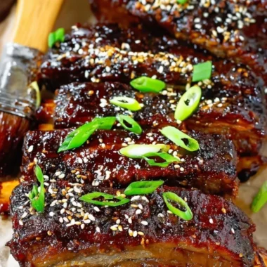 Succulent Sticky Asian Pork Ribs served on a plate, garnished with sesame seeds.