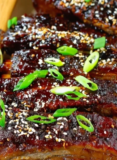 Succulent Sticky Asian Pork Ribs served on a plate, garnished with sesame seeds.
