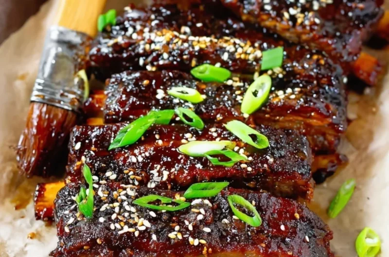 Succulent Sticky Asian Pork Ribs served on a plate, garnished with sesame seeds.