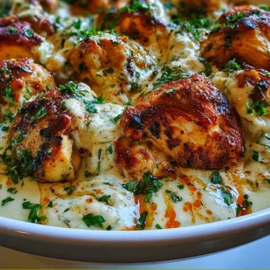 Delicious Turkish chicken served with creamy white sauce on a plate.