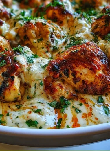Delicious Turkish chicken served with creamy white sauce on a plate.