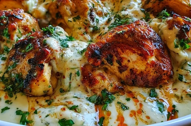 Delicious Turkish chicken served with creamy white sauce on a plate.