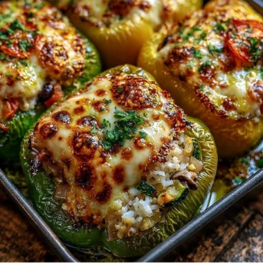 Delicious vegetarian stuffed bell peppers filled with grains and vegetables