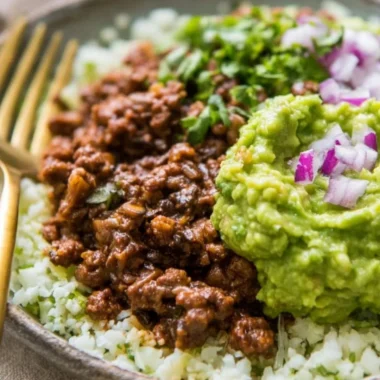 Whole30 chipotle beef and avocado bowls ready to serve.