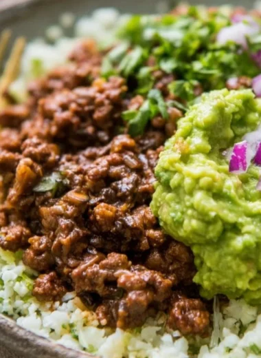 Whole30 chipotle beef and avocado bowls ready to serve.