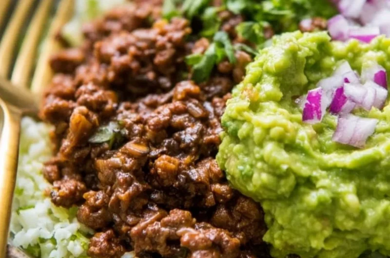 Whole30 chipotle beef and avocado bowls ready to serve.