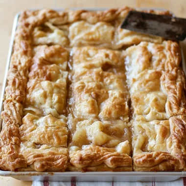 Delicious homemade apple slab pie with a golden crust and apple filling.