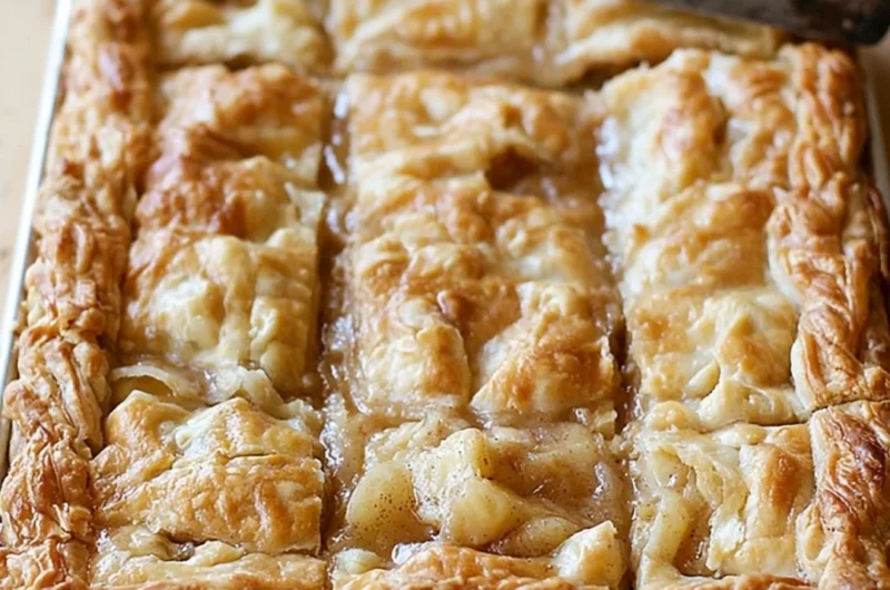 Delicious homemade apple slab pie with a golden crust and apple filling.
