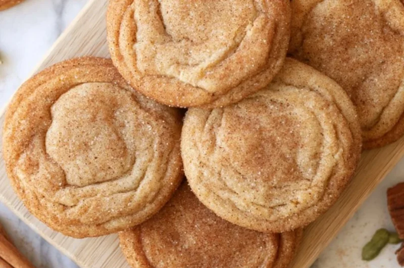 Freshly baked Chai Snickerdoodles cookies on a rustic wooden table