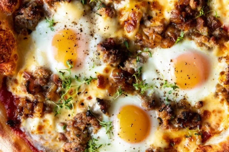 Sausage breakfast pizza topped with cheese and herbs on a wooden table