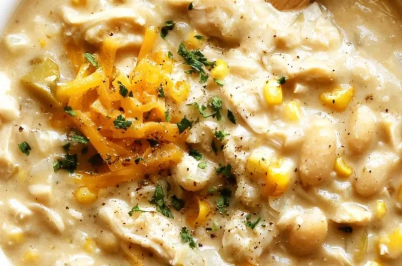 Bowl of cozy white chicken chili topped with cilantro and lime