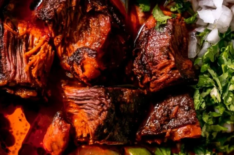 Delicious bowl of authentic Mexican Birria with herbs and spices.