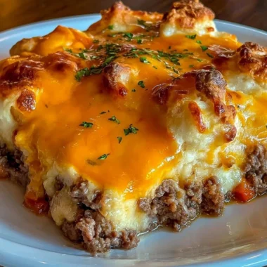 Cheddar Bay Hamburger Casserole topped with cheesy biscuits