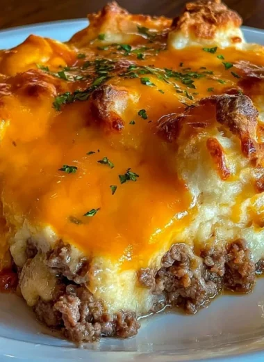 Cheddar Bay Hamburger Casserole topped with cheesy biscuits