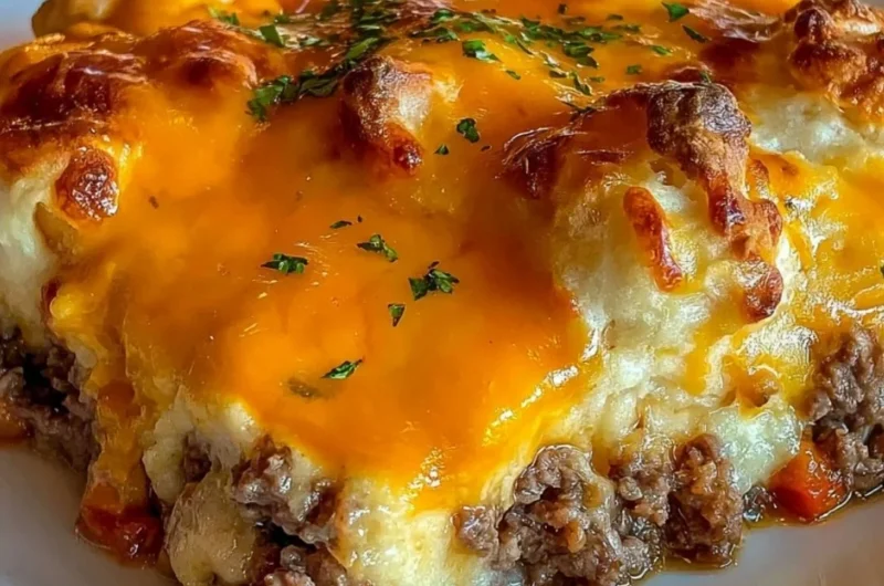 Cheddar Bay Hamburger Casserole topped with cheesy biscuits