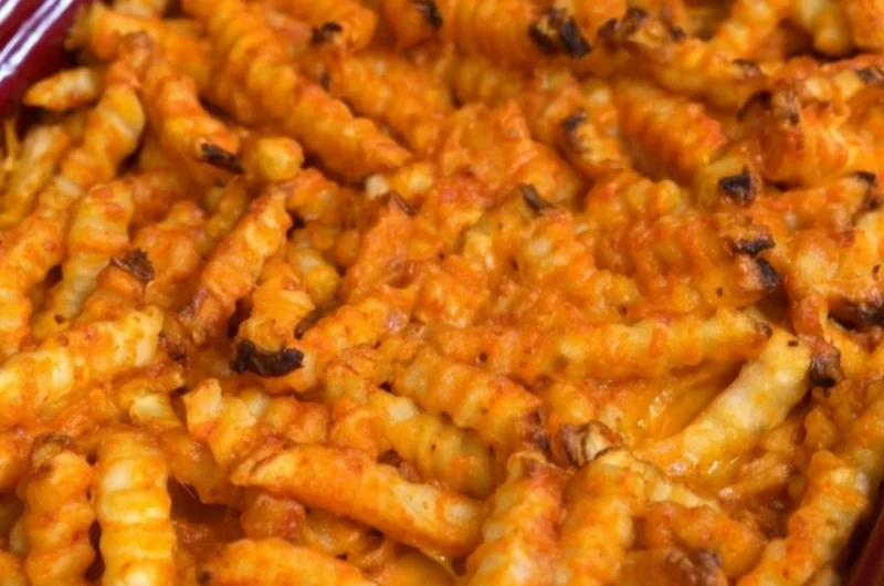 Cheeseburger French Fry Casserole topped with melted cheese and crispy fries