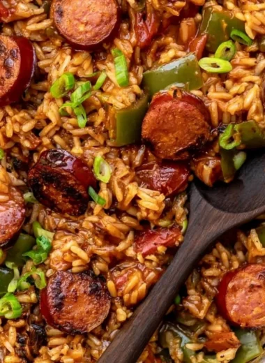 Delicious bowl of cozy Cajun sausage and rice with colorful vegetables