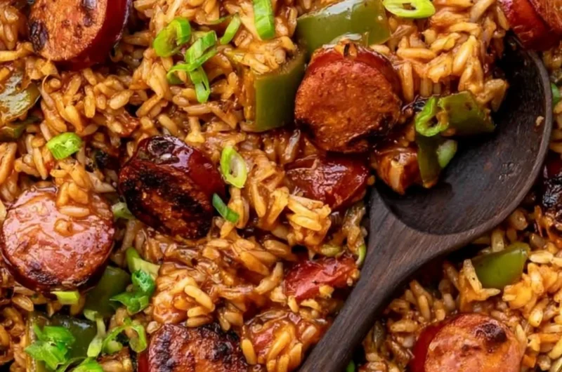 Delicious bowl of cozy Cajun sausage and rice with colorful vegetables