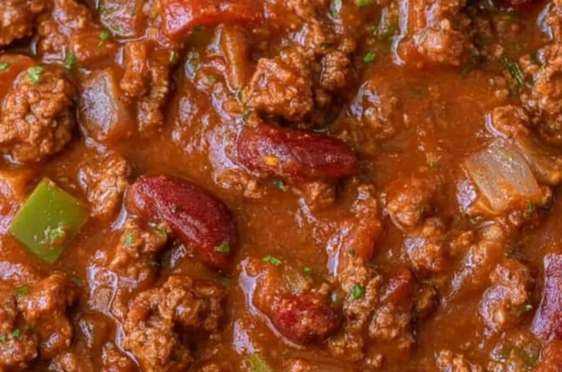 Cozy easy chili recipe, a warm bowl of homemade chili topped with fresh herbs.