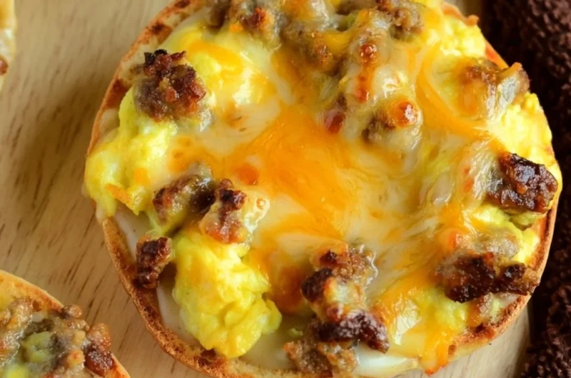 Cozy English muffin breakfast pizza topped with eggs, cheese, and veggies