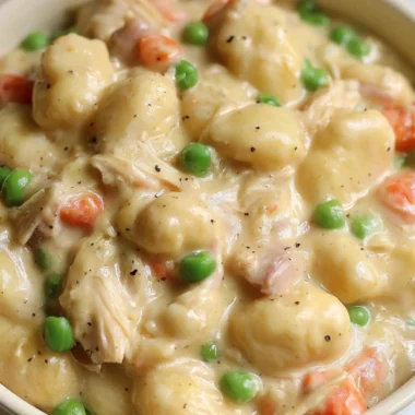 Cozy gnocchi chicken pot pie served in a bowl with fresh herbs.