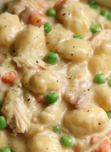 Cozy gnocchi chicken pot pie served in a bowl with fresh herbs.
