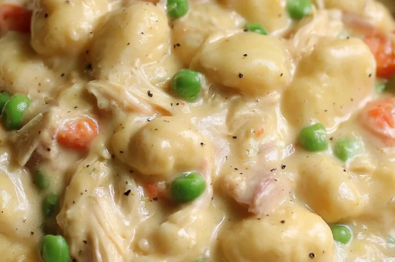 Cozy gnocchi chicken pot pie served in a bowl with fresh herbs.