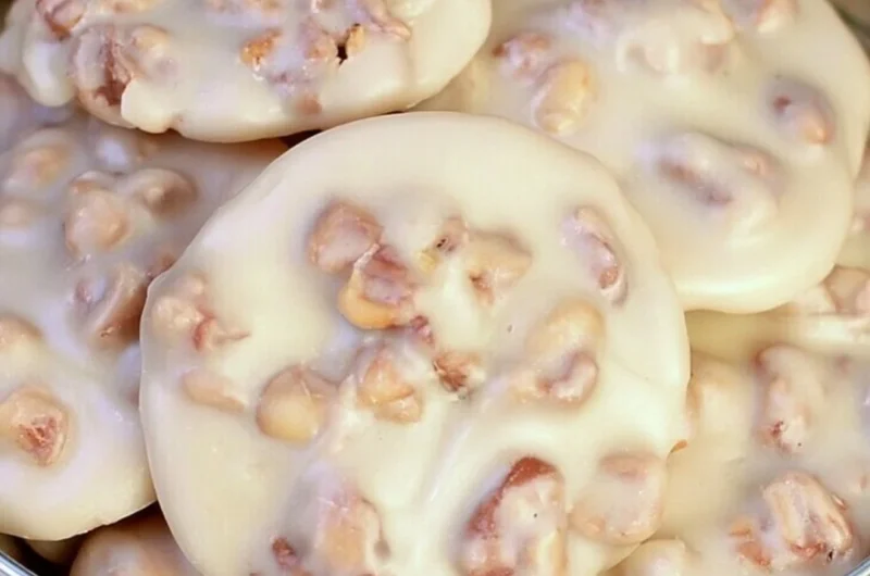 Delicious homemade vanilla pecan pralines on wooden table