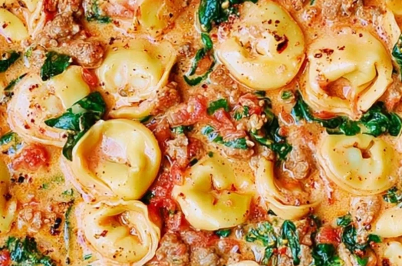 Creamy tortellini with sausage, spinach, tomatoes, and mozzarella served in a bowl.
