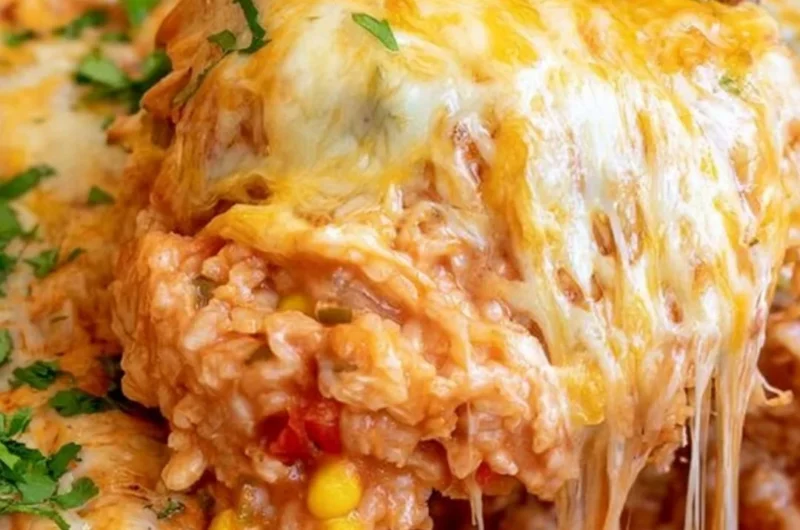 One pot cheesy enchilada rice topped with melted cheese and fresh cilantro