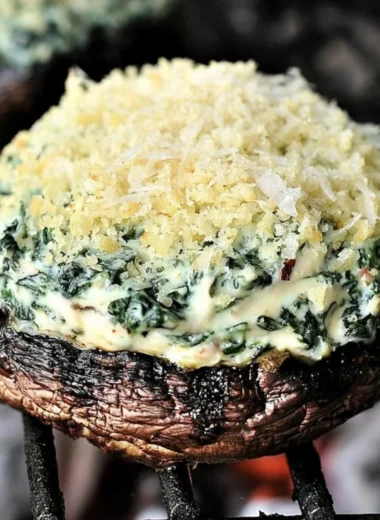 Grilled spinach dip-stuffed portabella mushroom caps served on a plate