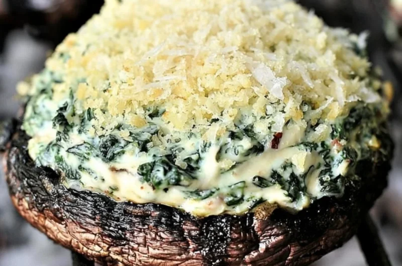 Grilled spinach dip-stuffed portabella mushroom caps served on a plate