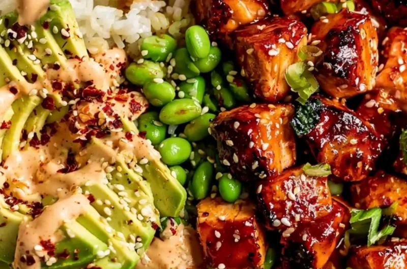 Delicious Honey Sriracha Salmon Bowl garnished with fresh vegetables