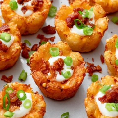 Plate of loaded tater tot cups topped with cheese, bacon, and green onions