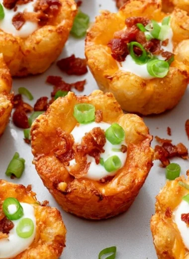 Plate of loaded tater tot cups topped with cheese, bacon, and green onions