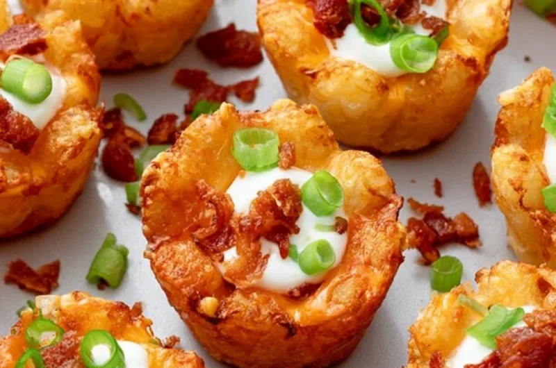 Plate of loaded tater tot cups topped with cheese, bacon, and green onions