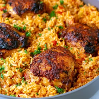 One Pot Cajun Chicken and Rice dish garnished with herbs