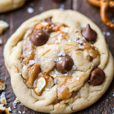 Salted caramel pretzel chocolate chip cookies with flaky sea salt on top.