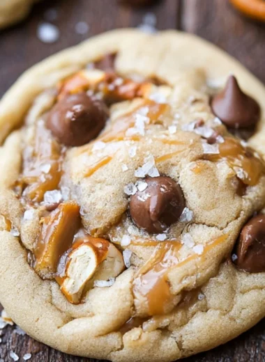 Salted caramel pretzel chocolate chip cookies with flaky sea salt on top.