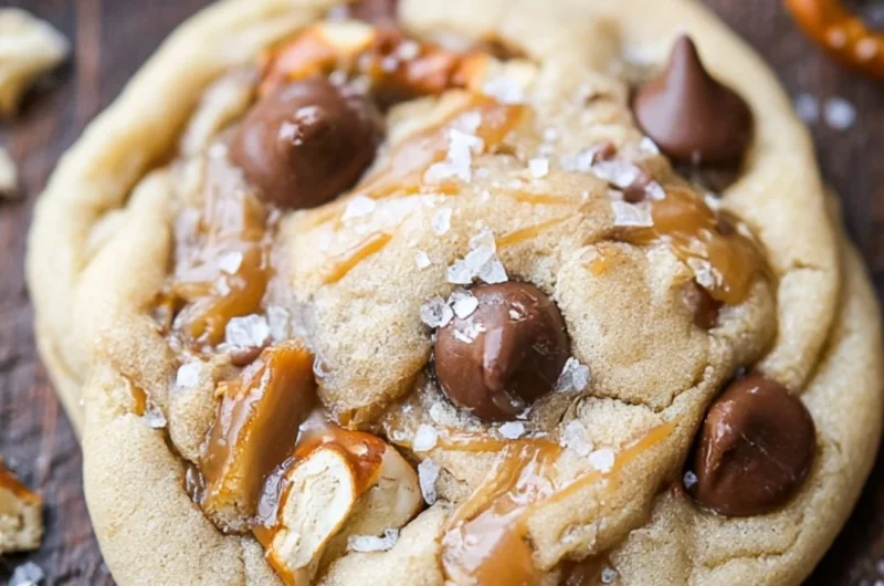 Salted caramel pretzel chocolate chip cookies with flaky sea salt on top.