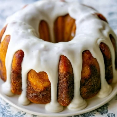 Delicious homemade cinnamon roll bundt cake with icing on a serving plate