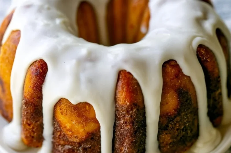 Delicious homemade cinnamon roll bundt cake with icing on a serving plate