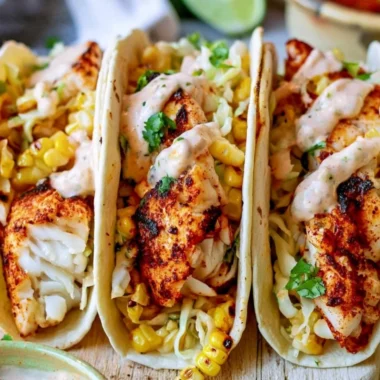 Plate of tilapia fish tacos garnished with fresh vegetables and lime