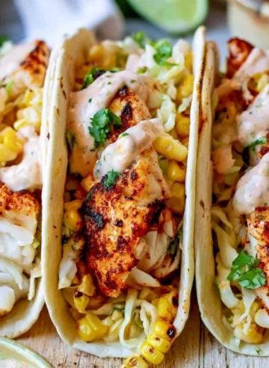 Plate of tilapia fish tacos garnished with fresh vegetables and lime