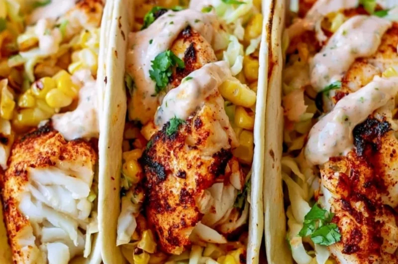 Plate of tilapia fish tacos garnished with fresh vegetables and lime